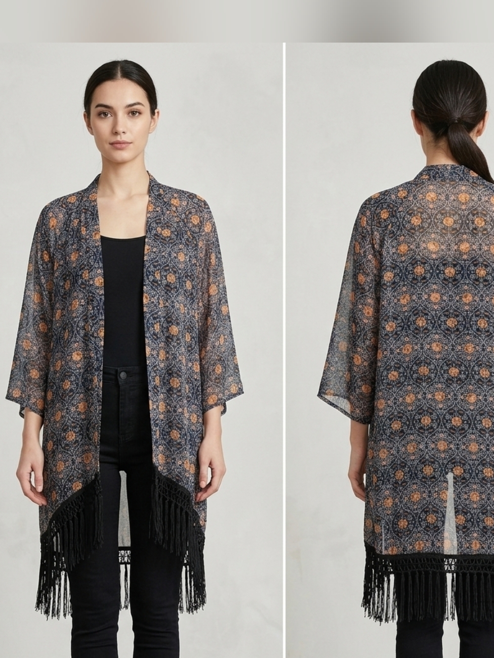 American Eagle Outfitters Black & Orange Fringe Kimono